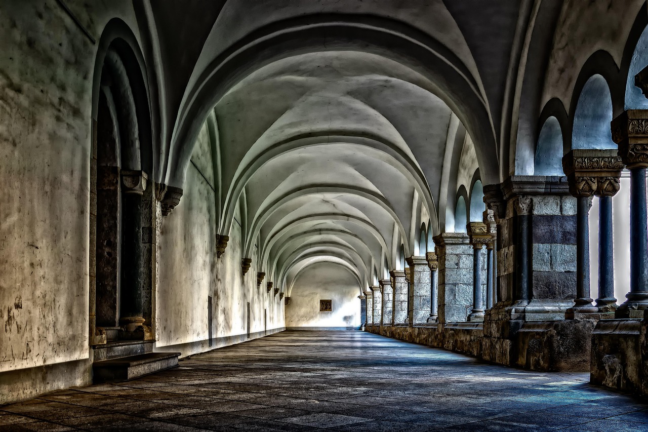 Vaulted stone corridor in the cloister of Brauweiler Abbey